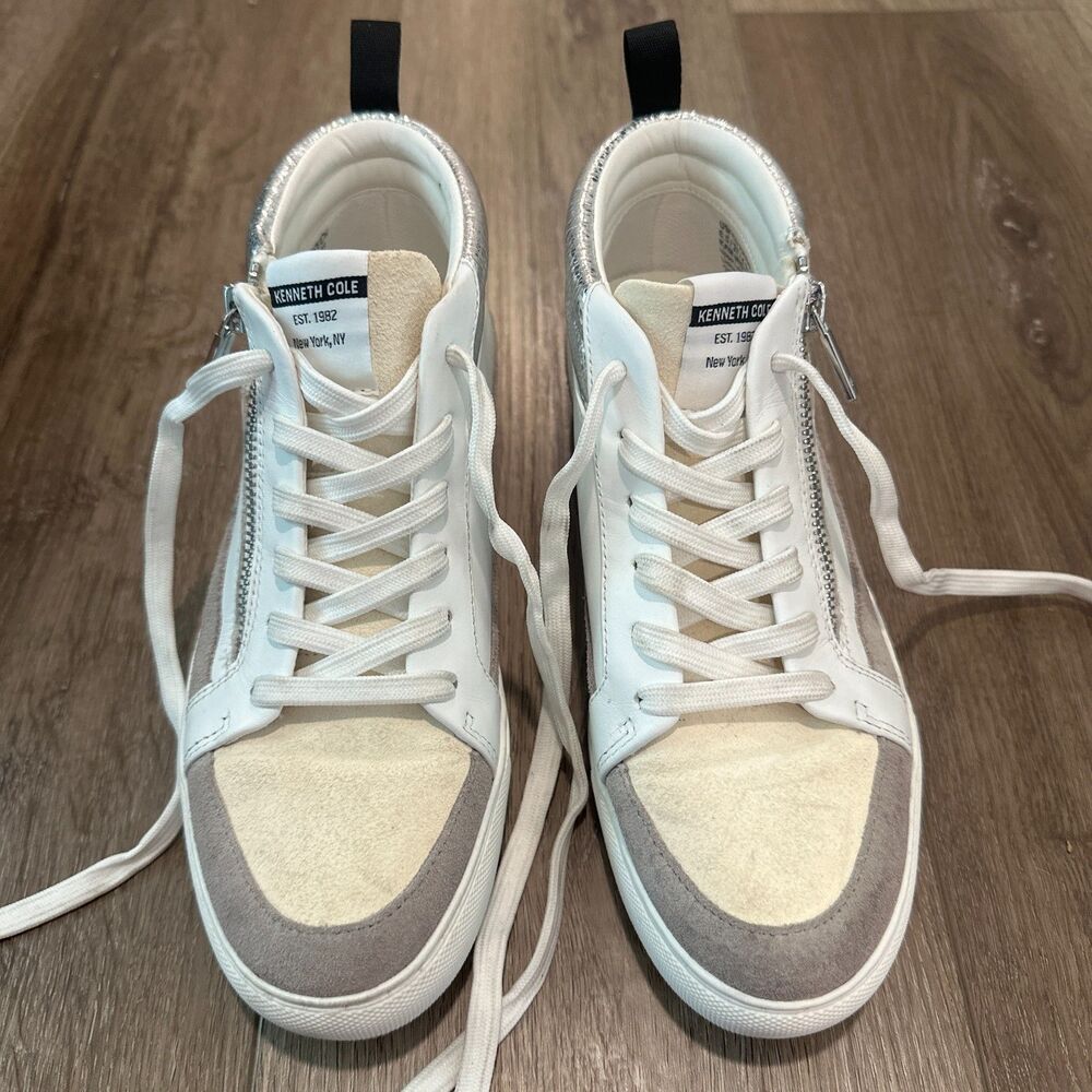 White Leather Side Zip High Top Sneakers Silver Suede Kenneth Cole Women's 6.5